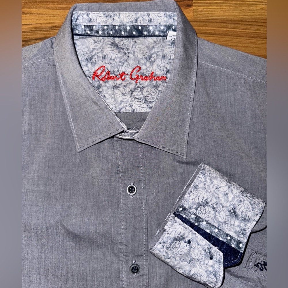 Robert Graham Gray Button Down Shirt XL Tailored Fit Contrast Cuff Cotton